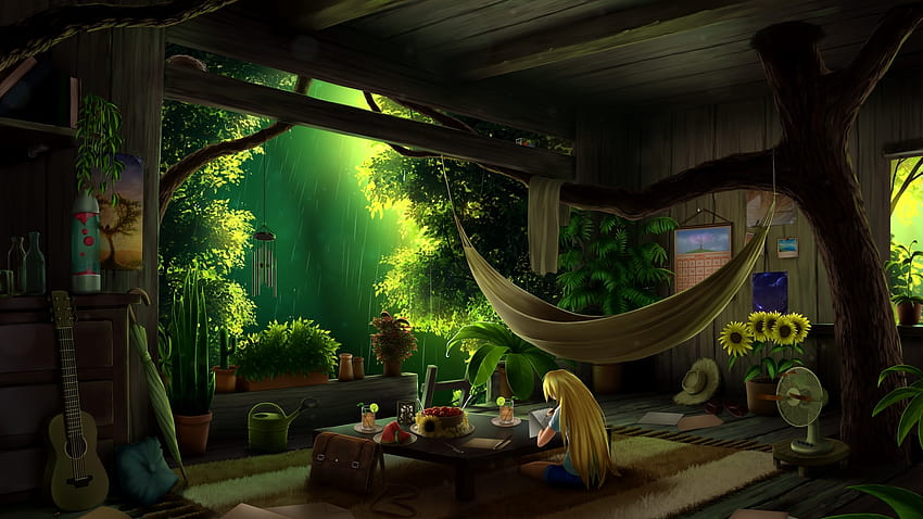 1920x1080 Anime Girl, Botanical Room, Studying, Raining, Tree, Blonde, Mood for , anime girl studying HD wallpaper