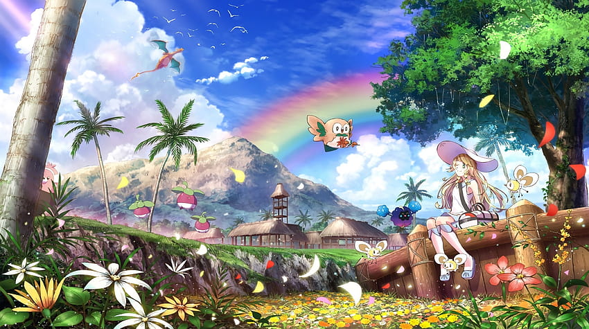 2901x1622 Pokemon, Lillie, Rainbow, Nature, Clouds, Charizard, Flowers, Tree HD wallpaper