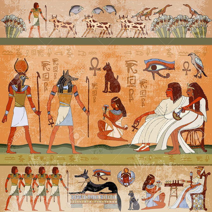 Altägyptische Szene. Wandmalereien im alten Ägypten. Hieroglyphische Schnitzereien an, altägyptischer Hintergrund HD-Handy-Hintergrundbild