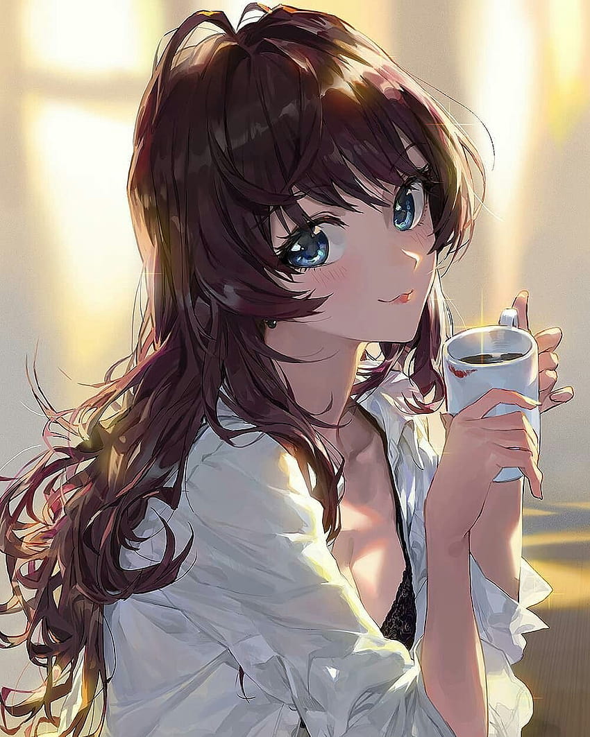 Закачете аниме, сладко аниме момиче, което пие кафе HD тапет за телефон