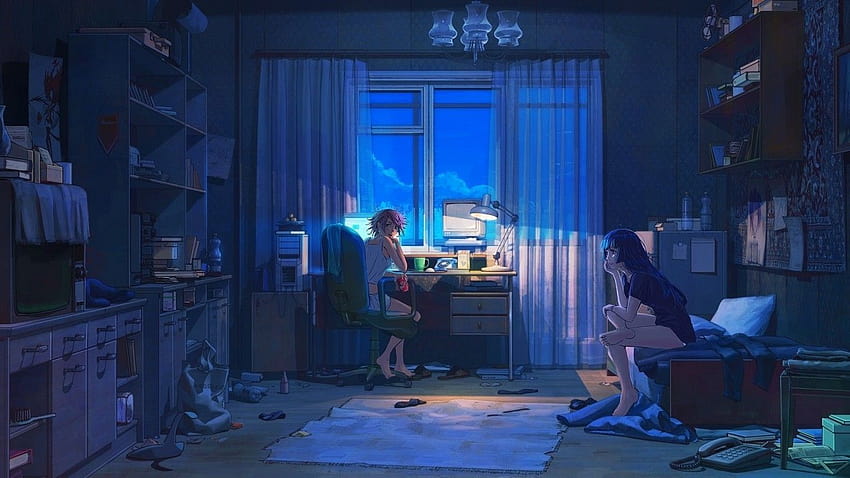 1366x768 Anime Kız, Oda, Gece, Bilgisayar HD duvar kağıdı