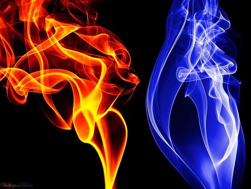 Logotipo de llama azul roja, letra de fuego azul v fondo de pantalla