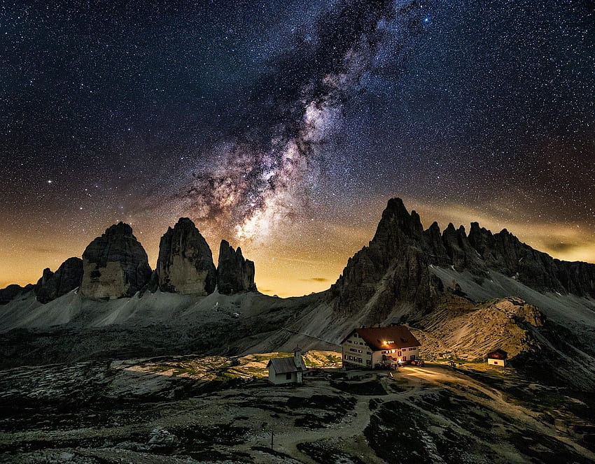 Natur, Landschaft, Milchstraße, Galaxie, Berge, Sternennacht, Hütte, Sommer, Dolomiten, Dolomiten-Berge Milchstraße HD-Hintergrundbild