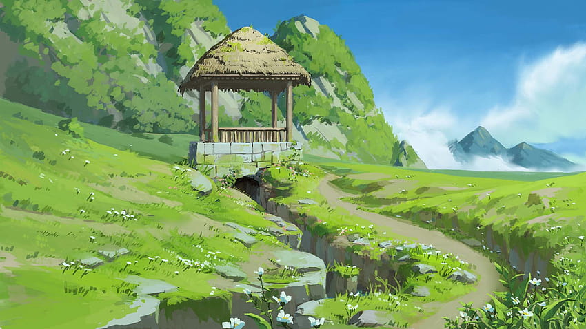 Çimenli bir yamaçta küçük kuyu, anime çimenli tepeler HD duvar kağıdı