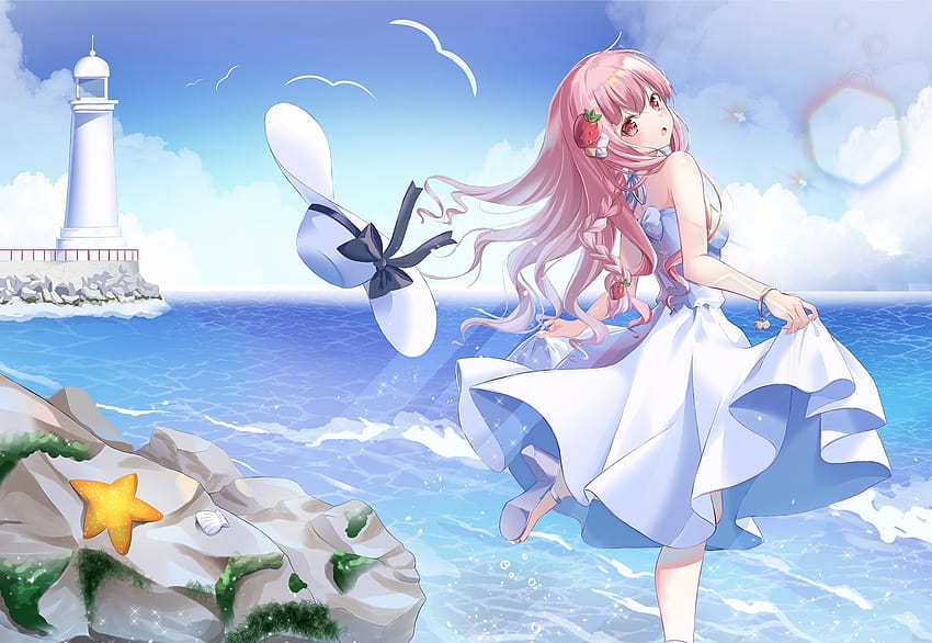 Gadis Anime, Mercusuar, Gaun, Rambut Merah Muda, Tumit, Musim Panas, Pantai, pantai musim panas anime Wallpaper HD