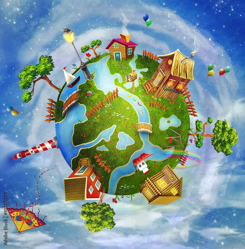 Ein Frühlingstag auf dem Planeten Erde: eine grüne Cartoon-Welt mit Häusern, Blumen, Meer, Bäumen, Wolken Stockillustration, Erd-Cartoon HD-Handy-Hintergrundbild