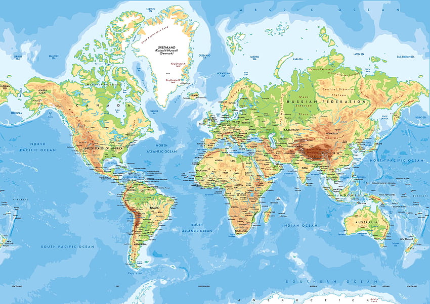 Mural Peta Dunia Fisik, peta fisik dunia Wallpaper HD