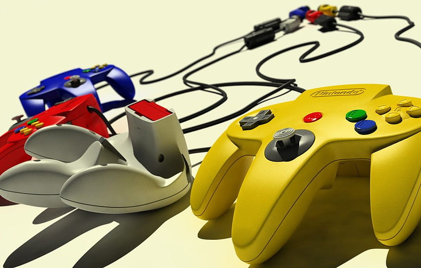 red, game, yellow, blue, retro, Nintendo, fun, gray, joystick, video game, cartridge, N64, Nintendo, retro n64 HD wallpaper