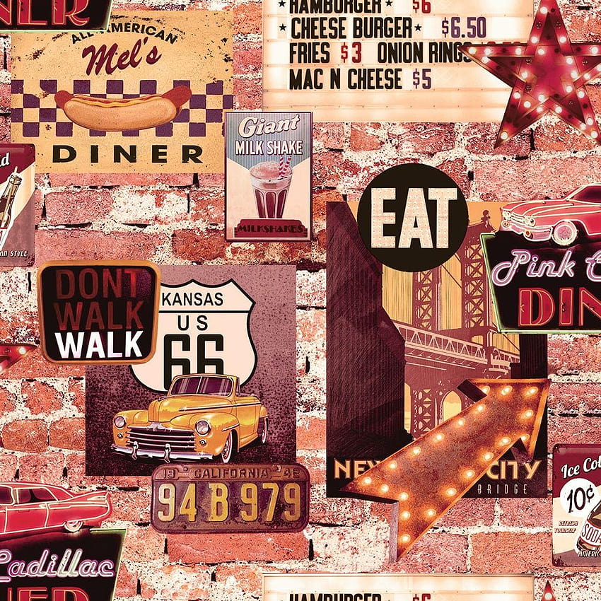 Arthouse American Diner Retro 60s 벽돌 패턴 레스토랑 HD 전화 배경 화면