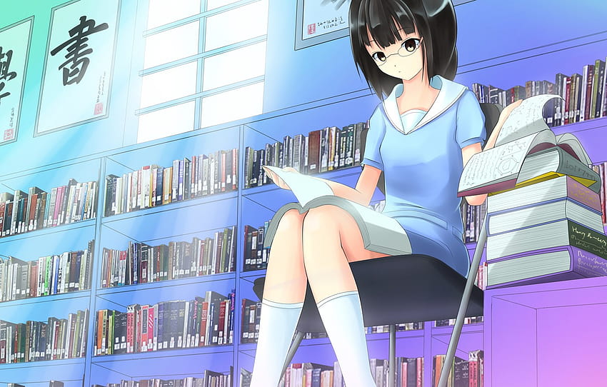 look, girl, books, glasses, library, art, reading, brian05710 , section прочее, anime girl reading book HD wallpaper