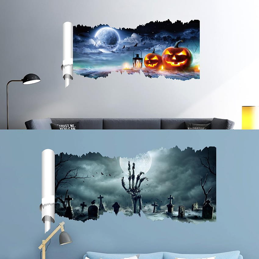 2020 Най-новият ужас Хелоуин 3D стикери за стена Призрачен домашен декор Зомби Хелоуин Декорация на стая Тиквен скелет HD тапет за телефон