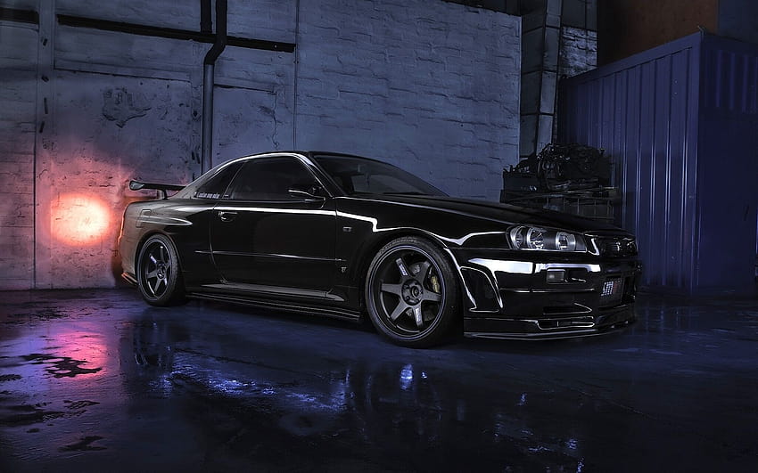 Nissan Skyline R34 GTR V black car, night 1920x1200 HD wallpaper