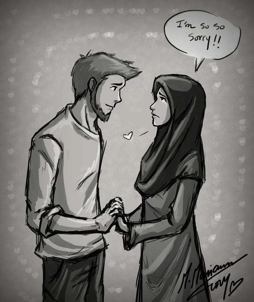 Dibujos animados de pareja musulmana, pareja única de anime musulmán fondo de pantalla del teléfono