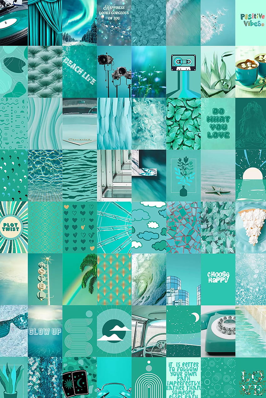 Синьозелен колаж за естетична стена, Blue Green Beachy Retro [Видео] [Видео] през 2021 г., синьозелен колаж HD тапет за телефон