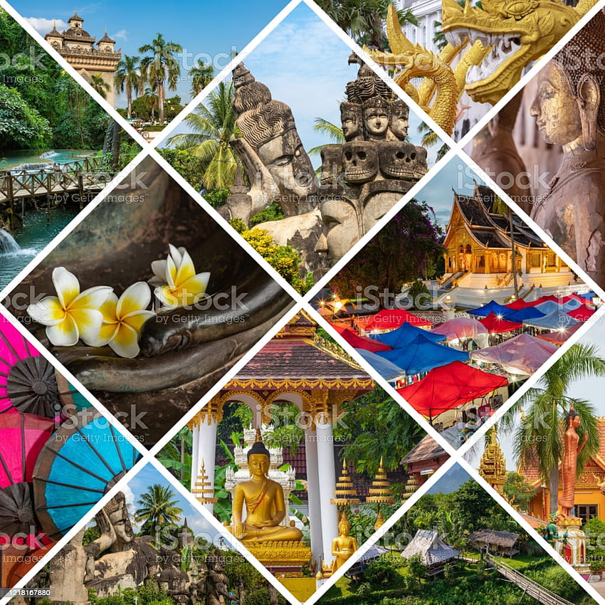Колаж от популярни туристически дестинации в Лаос Фонове за пътуване в Югоизточна Азия, колаж за пътуване HD тапет за телефон