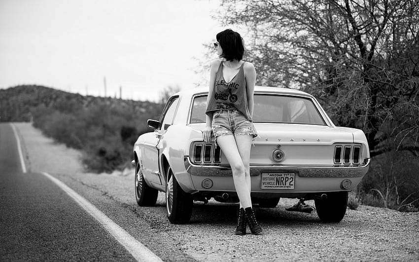 : women, model, black hair, Ford Mustang, sports car, Vintage car, driving, classic, 1920x1200 px, black and white, monochrome graphy, land vehicle, automotive design, automobile make, luxury vehicle, antique car, rallying HD wallpaper