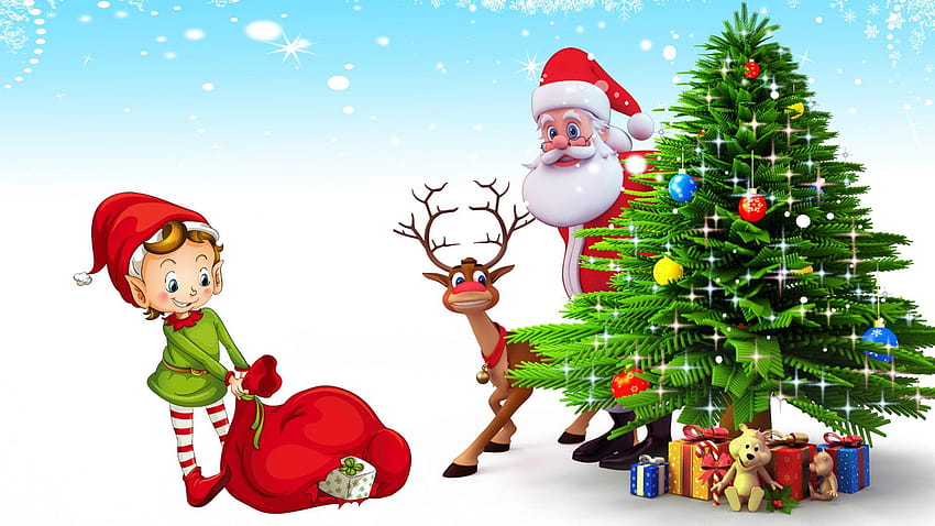 Weihnachtspostkarte Weihnachtsmann-Rotwild-Weihnachtsbaum mit Sankt-Geschenken unter Baum HD-Hintergrundbild