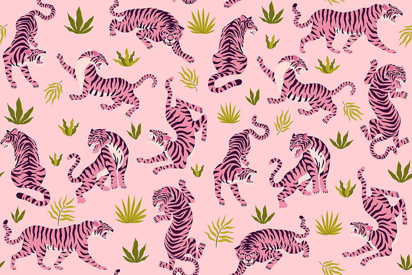 Tigres roses et feuilles tropicales. Modèle sans couture de vecteur avec des tigres mignons sur fond. Conception de tissu à la mode. 2036906 Art vectoriel chez Vecteezy Fond d'écran HD