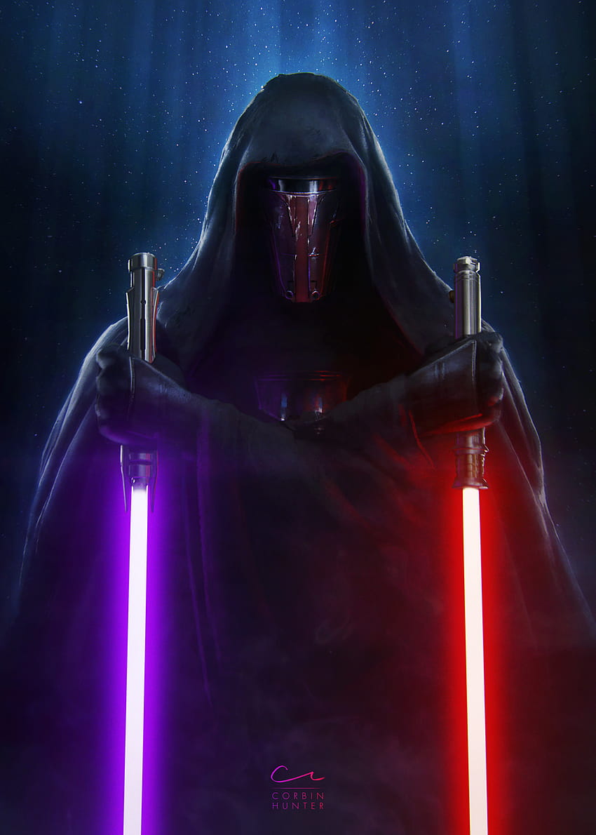 Revan et Count Dooku contre Mace Windu et Vader, sabre laser violet Fond d'écran de téléphone HD