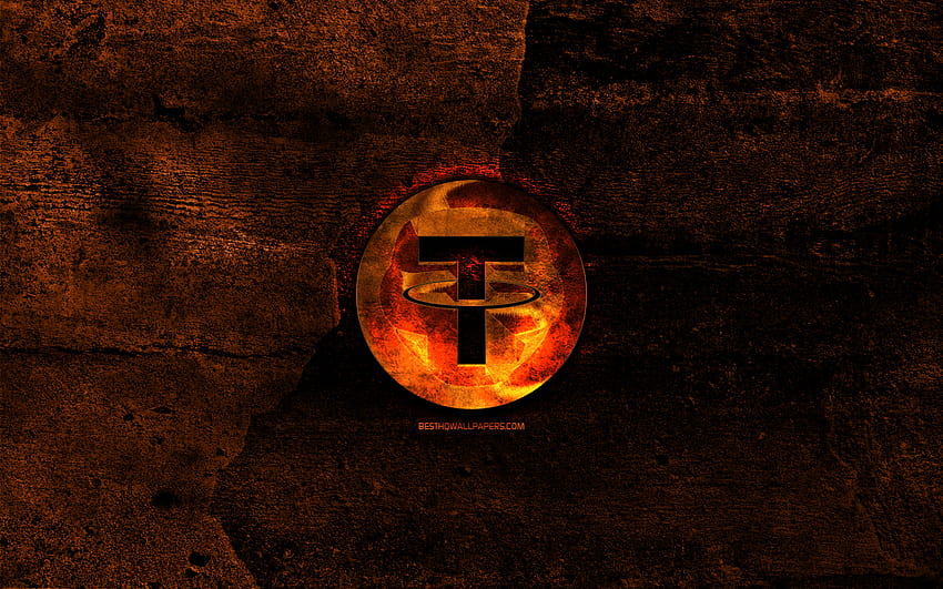 Tether ogniste logo, pomarańczowe kamienne tło, kreatywne, logo Tether, kryptowaluta, Tether o rozdzielczości 2880x1800. Wysoka jakość Tapeta HD