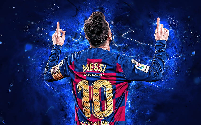 Lionel Messi, 2019, Barcelona FC, pemain sepak bola Argentina, tampilan belakang, FCB, bintang sepak bola, La Liga, Messi, Leo Messi, LaLiga, Spanyol, lampu neon, Barca, sepak bola dengan resolusi 2880x1800. Kualitas tinggi, messi kembali Wallpaper HD