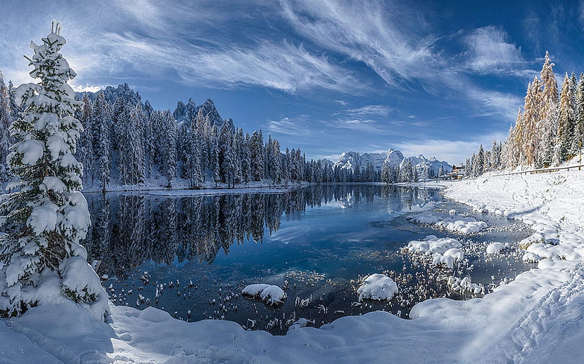 Winter Landscape Lake Reflection Pine Forest Trees With Snow White Tablecloth Blue Sky With White Oblaci.ubava For 2560x1440 : 13, white pine HD wallpaper