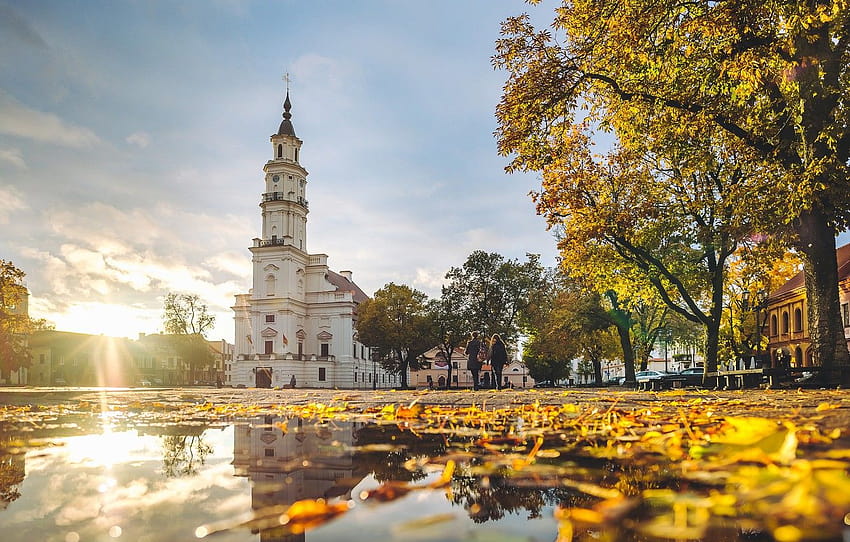Lituania, Kaunas, Warna Musim Gugur, Balai Kota , bagian город, kota musim gugur Wallpaper HD