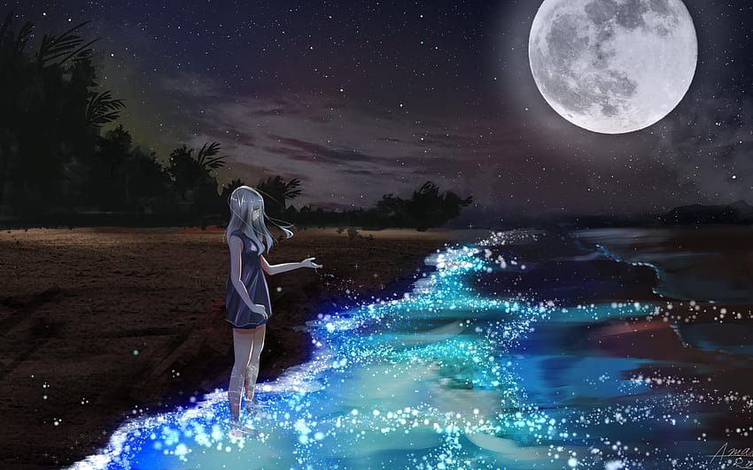 2880x1800 Anime Deniz Kıyısında Kız Karanlık Ay Macbook Pro, ay gökyüzü anime karanlık HD duvar kağıdı