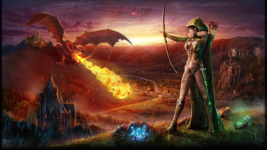 bow, Archer, Dragon, Castle, Mountain, Arrows, Fire / and Mobile Backgrounds, bow and arrow firing HD wallpaper