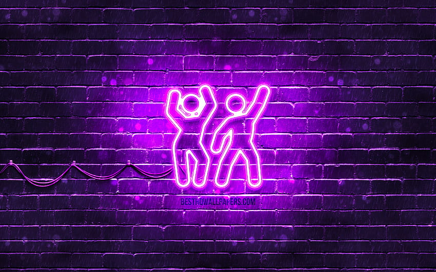 Tanzparty-Neonsymbol, violetter Hintergrund, Neonsymbole, Tanzparty, Neonsymbole, Tanzpartyschild, Personenschilder, Tanzpartysymbol, Personensymbole mit einer Auflösung von 3840 x 2400. Hochwertiger Neontanz HD-Hintergrundbild