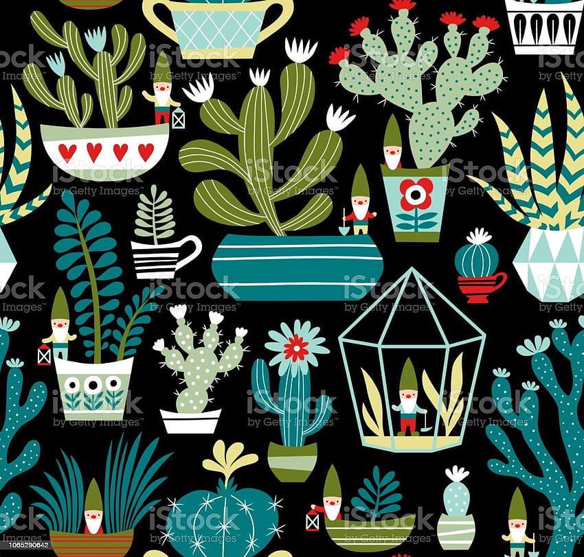 Hand Drawn Seamless Vector Pattern With Cute Gnomes Cactuses And Succulents On Black Backgrounds Stock Illustration HD wallpaper