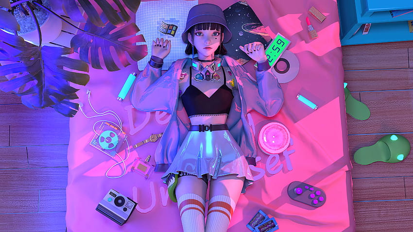 Cyberpunk, Anime, Retro Punk Anime Girl นอนอยู่บนเตียง, สีม่วง, ไวโอเล็ต, พื้นหลัง, สาวการ์ตูน Cyberpunk วอลล์เปเปอร์ HD