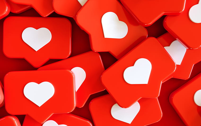 Rede de mídia social Love and Like Heart Icon 3D Rendering Backgrounds em vermelho, ícone de mídia social papel de parede HD