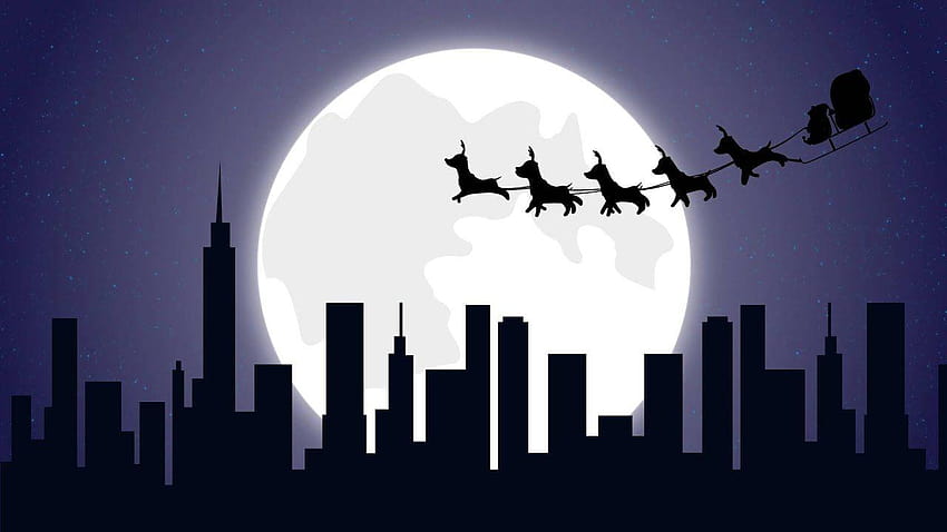 Christmas flying Santa sleigh reindeer's at night over skyscraper, santas sleigh in the sky HD wallpaper