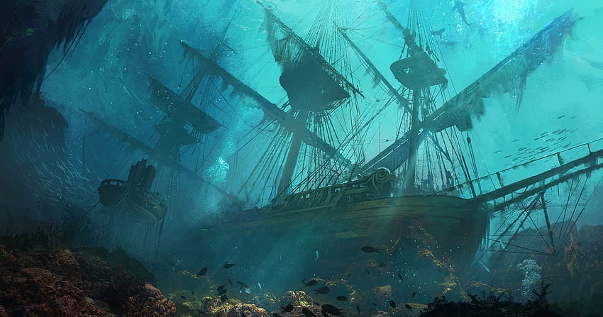 Kunstwerk sinkende Schiffe Schiffszeichnung Meer Fantasiekunst Schiffswrack unter Wasser Türkis Cyan Blaugrün HD-Hintergrundbild