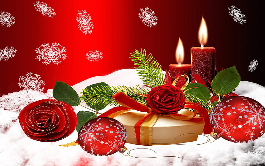 Christmas Candles With Red Rose On Snow 1418 : 13, rose and christmas red candles HD wallpaper