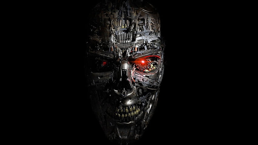 Terminator Genisys, Robot, Cyborg, Face, Red Eyes, Science Fiction, Black Background, Metal, Teeth, Gears, Steel, Digital Art, CGI, Artwork, Skull, Terminator, Machine, T 1000 / and Mobile Backgrounds, terminator t 1000 HD wallpaper