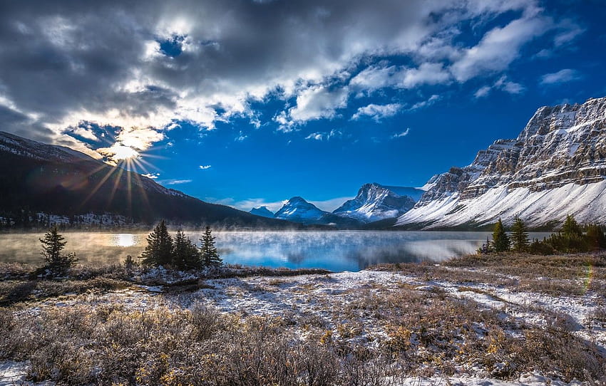 bulutlar, kar, dağlar, göl, Kanada, Albert, Banff Ulusal Parkı, Alberta, Kanada, Banff Ulusal Parkı, Canadian Rockies, Canadian Rockies, Bow Lake, Bow Lake, bölüm пейзажи, bow lake alberta HD duvar kağıdı
