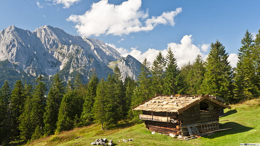 Cabaña en las montañas, cabaña alpina de invierno. fondo de pantalla