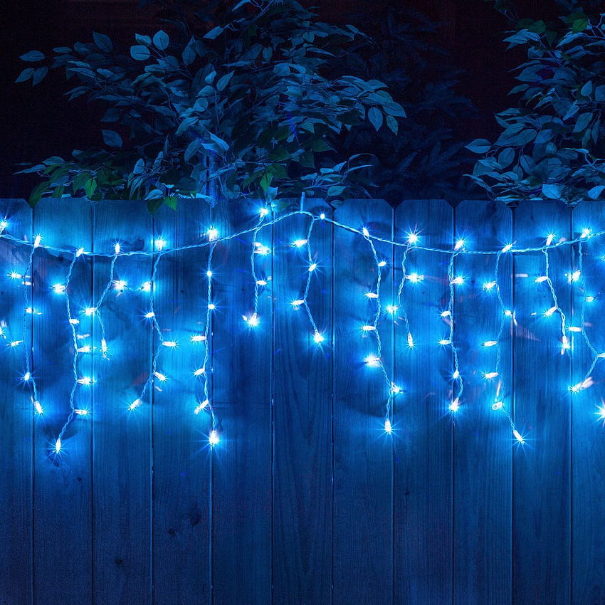 Por $6.99. Mini luces de carámbano para exteriores en color azul. 100 cuerdas de luces de carámbano de bombilla, luces de Navidad azul fondo de pantalla del teléfono