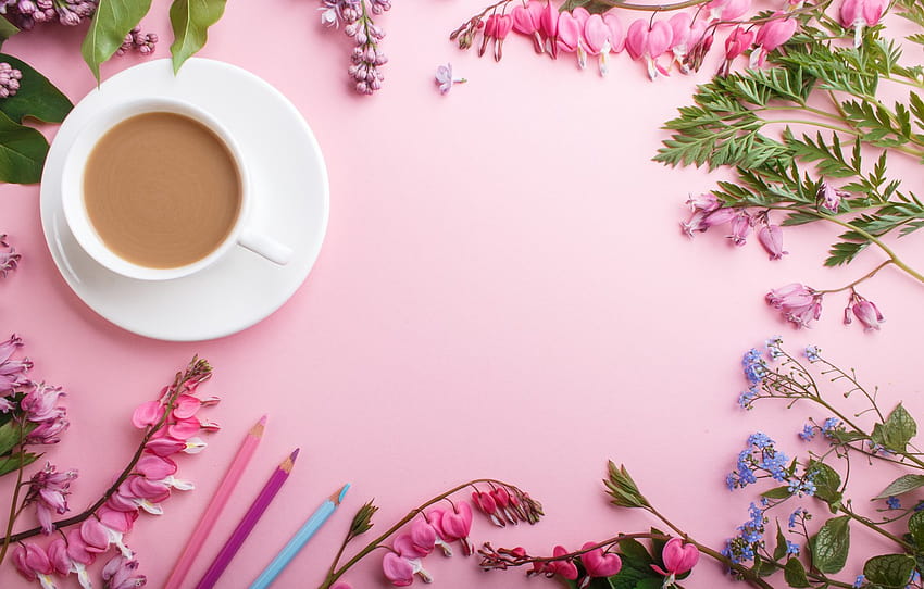flowers, pink, flowers, lilac, coffee cup, lilac, a Cup of coffee , section цветы, pink coffee HD wallpaper