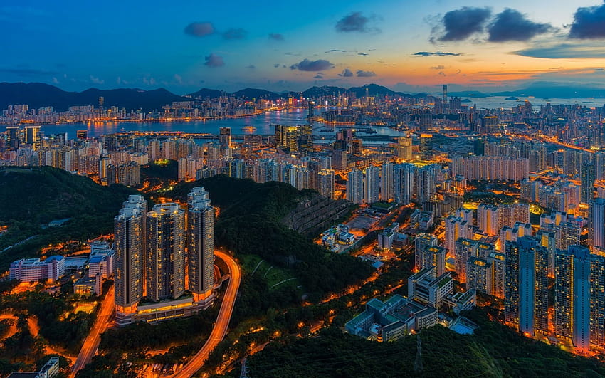 Hong Kong, evening, city panorama, skyscrapers, skyscrapers panorama city lights HD wallpaper