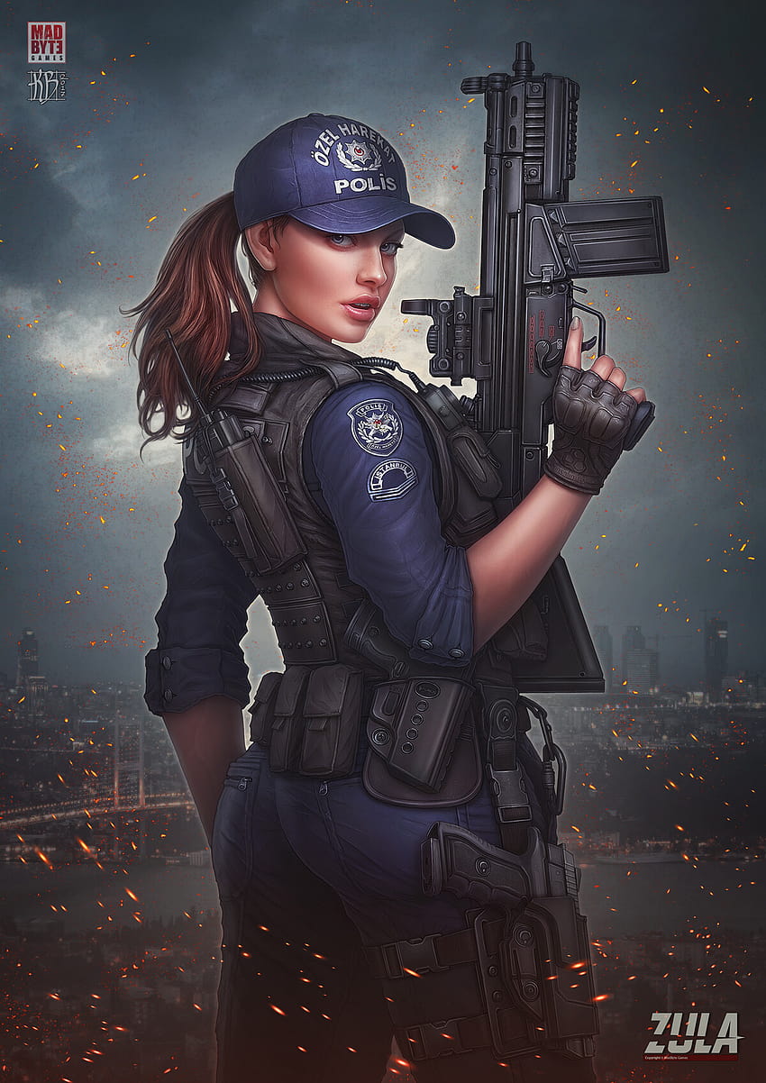 : Kerem Beyit, งานศิลปะ, ตำรวจหญิง, หญิงกับปืน, ปืนกล, ยืน, หมวก, เครื่องแบบ, กำลังมองหาผู้ชม 1200x1697, สาวตำรวจ วอลล์เปเปอร์โทรศัพท์ HD