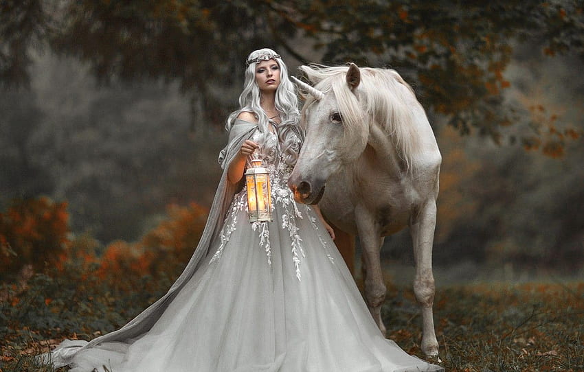 outono, menina, estilo, cavalo, cavalo, fantasia, unicórnio, lanterna, Princesa, Marketa Novak, seção стиль, Princesa do outono papel de parede HD