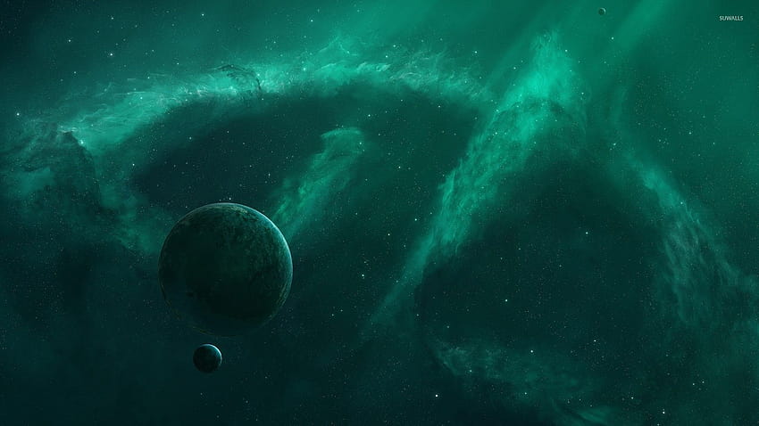 Green nebula surrounding the planet HD wallpaper
