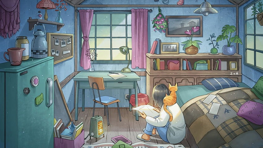 1366x768 Anime Girl, Katze, Zimmer, Bett, Fenster, Vorhänge für Laptop, Notebook, Anime Girl Bett HD-Hintergrundbild