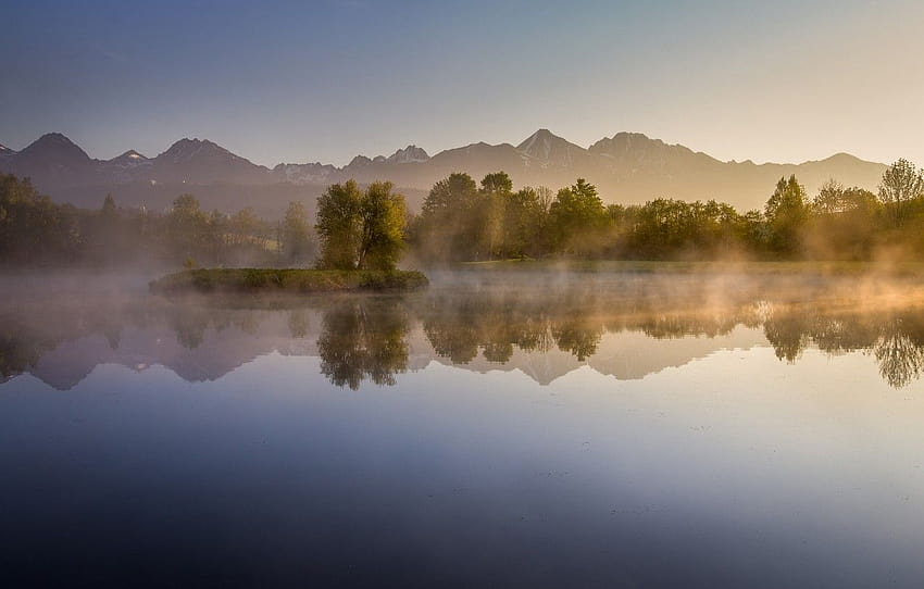 forest, trees, mountains, lake, morning, haze , section природа, morning haze HD wallpaper