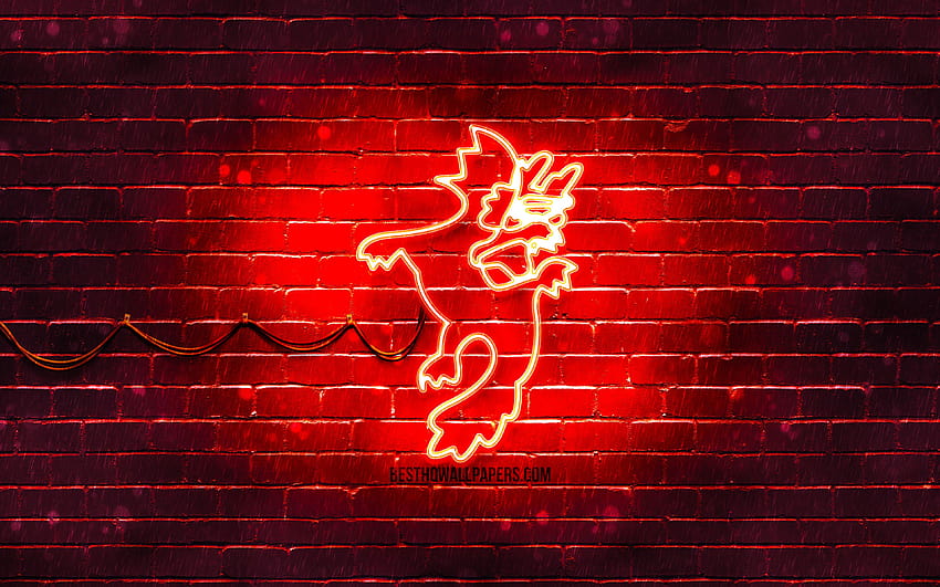 Signo de neón del dragón, zodiaco chino, pared de ladrillo rojo, zodiaco del dragón, signos de animales, calendario chino, creativo, signo del zodiaco del dragón, signos del zodiaco chino, dragón con una resolución de 3840x2400. Alta calidad fondo de pantalla