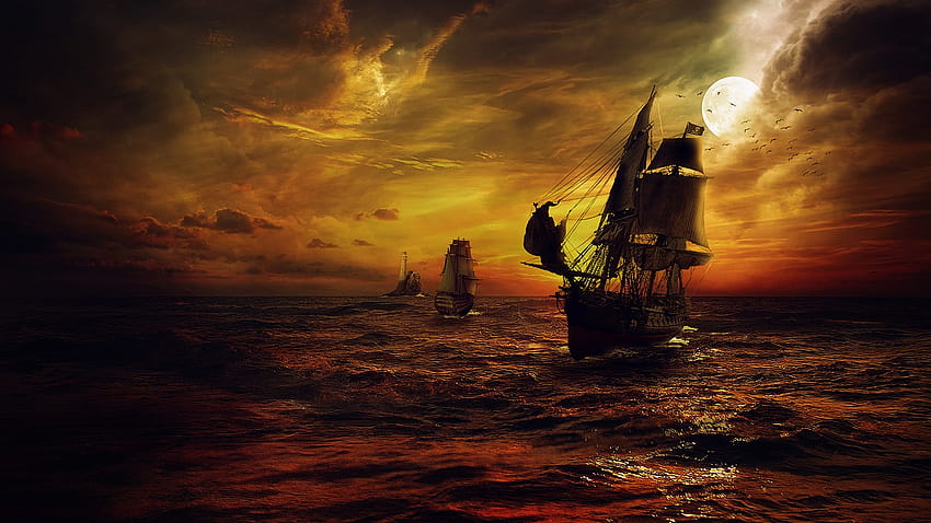Pirate, Ship, Night,Sea,Night, Moon,Fantasy backgrounds, pirate boat HD wallpaper