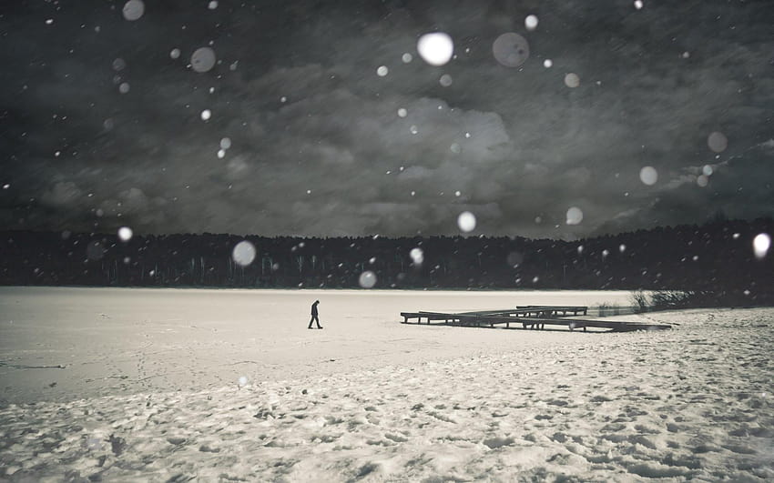 Black and White Snow, winter alone man black HD wallpaper